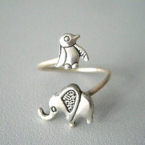 Anillo de plata con diseño de elefante y pingüino, ajustable, de plata, con estilo envolvente.