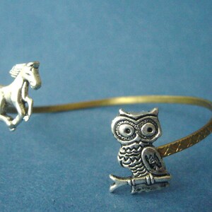 owl cuff bracelet with a horse, wrap style, animal bracelet, charm bracelet, bangle image 2