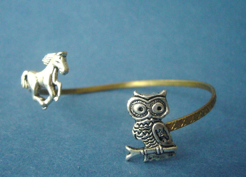 owl cuff bracelet with a horse, wrap style, animal bracelet, charm bracelet, bangle image 2