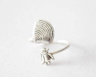 silver penguin shell ring wrap style, adjustable ring, animal ring, silver ring, statement ring