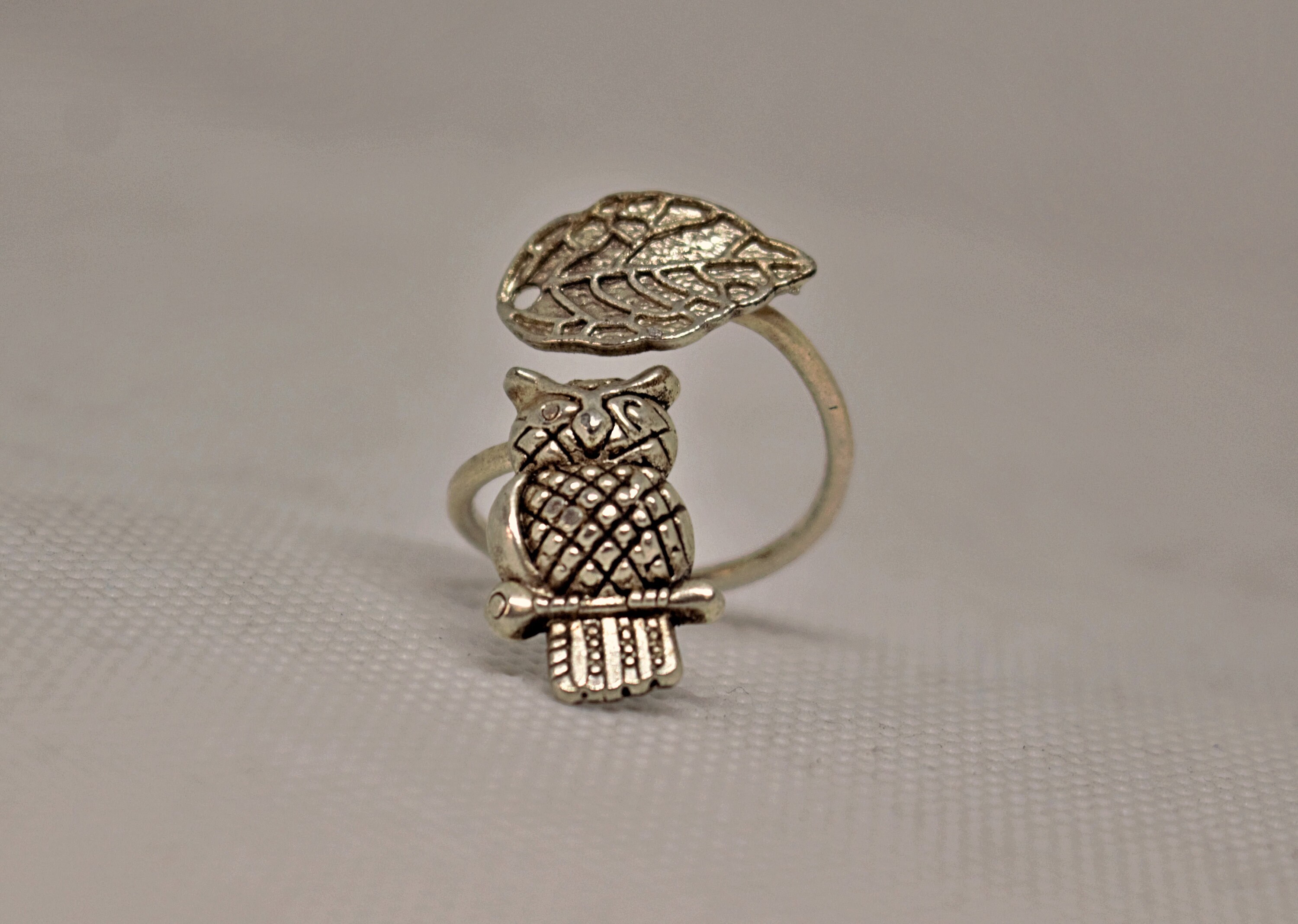 Silver owl leaf ring, wrap style, adjustable ring, animal ring, silver ring, statement ring