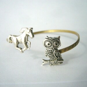 owl cuff bracelet with a horse, wrap style, animal bracelet, charm bracelet, bangle image 1