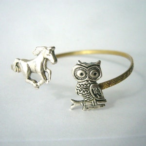 owl cuff bracelet with a horse, wrap style, animal bracelet, charm bracelet, bangle