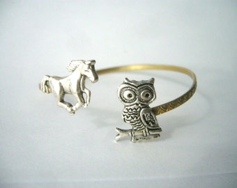 owl cuff bracelet with a horse, wrap style, animal bracelet, charm bracelet, bangle