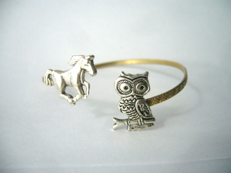 owl cuff bracelet with a horse, wrap style, animal bracelet, charm bracelet, bangle image 1