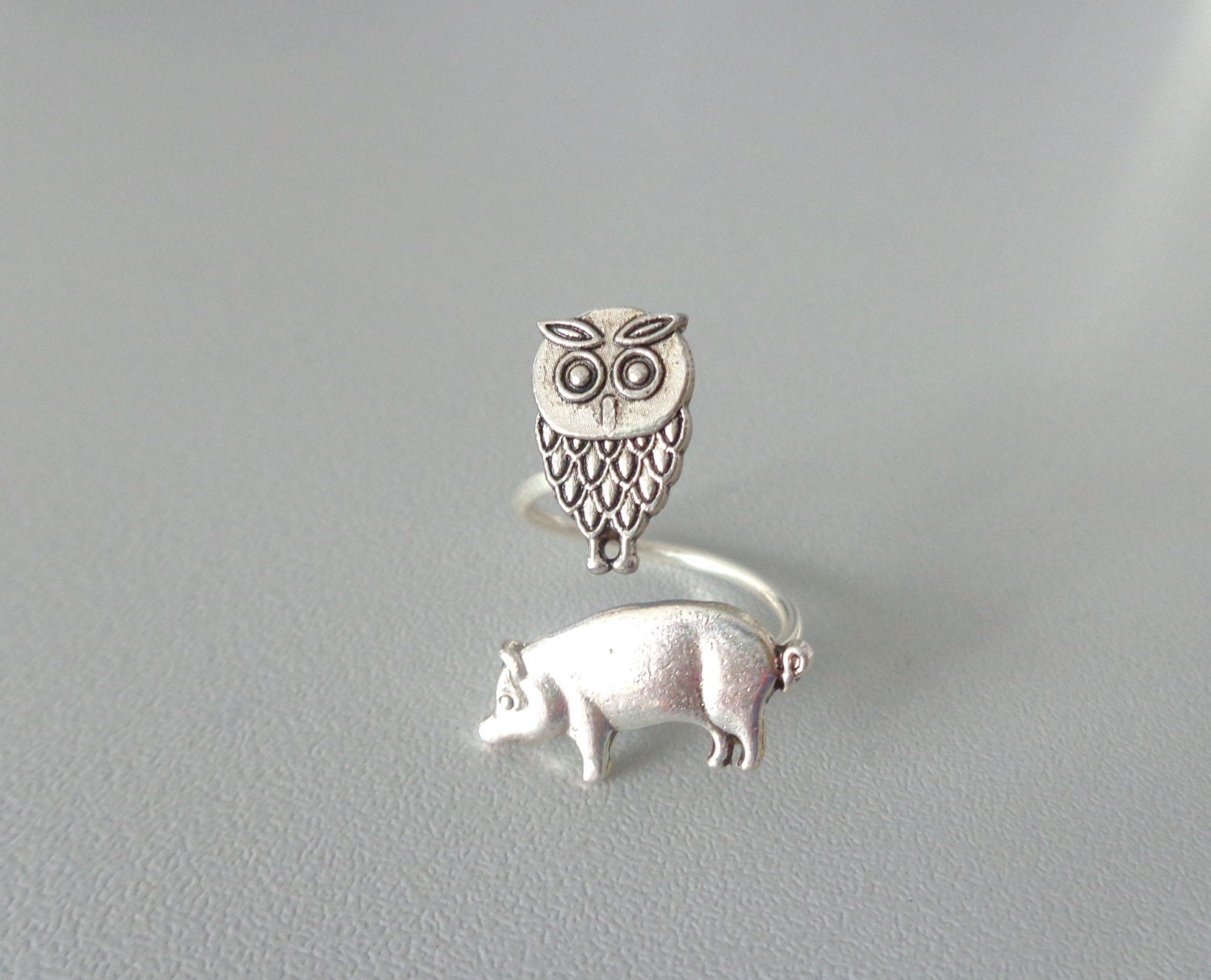 Owl and pig ring, adjustable ring, animal ring, silver ring, statement ring