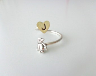 silver penguin heart ring wrap style, adjustable ring, animal ring, silver ring, statement ring