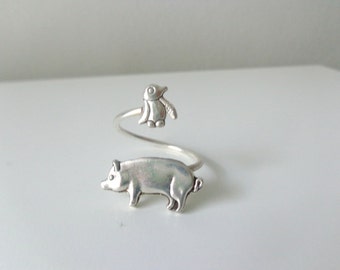 penguin and pig ring, adjustable ring, animal ring, silver ring, statement ring