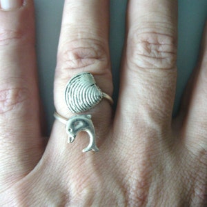silver dolphin ring with a shell, wrap open style, adjustable ring, animal ring, silver ring, statement ring image 5