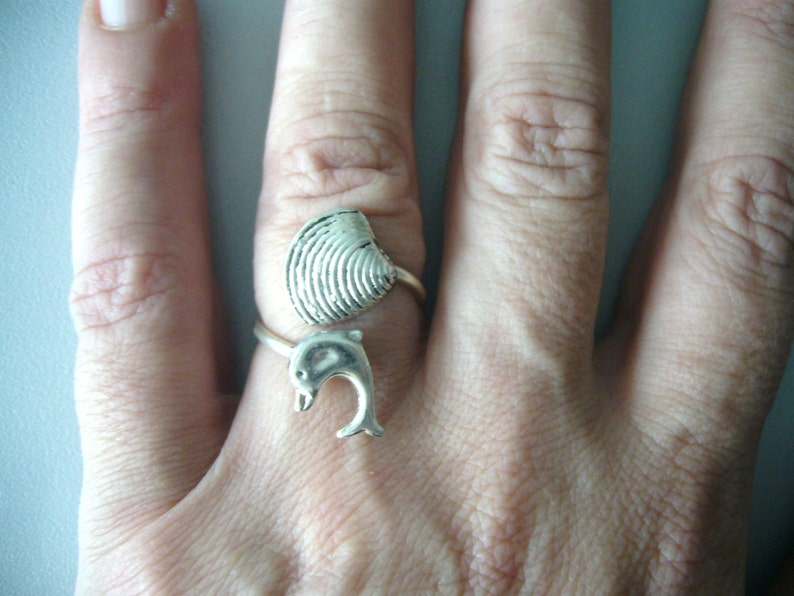 silver dolphin ring with a shell, wrap open style, adjustable ring, animal ring, silver ring, statement ring image 5