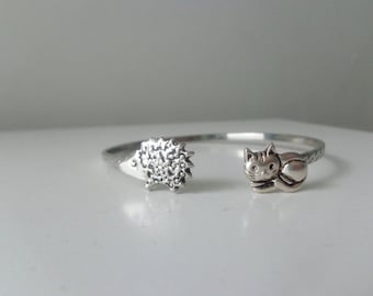 Cat hedgehog cuff bracelet, animal bracelet, charm bracelet, bangle