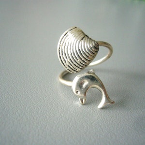 silver dolphin ring with a shell, wrap open style, adjustable ring, animal ring, silver ring, statement ring image 3