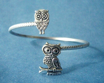 Silver owl cuff bracelet , wrap style, animal bracelet, charm bracelet, bangle