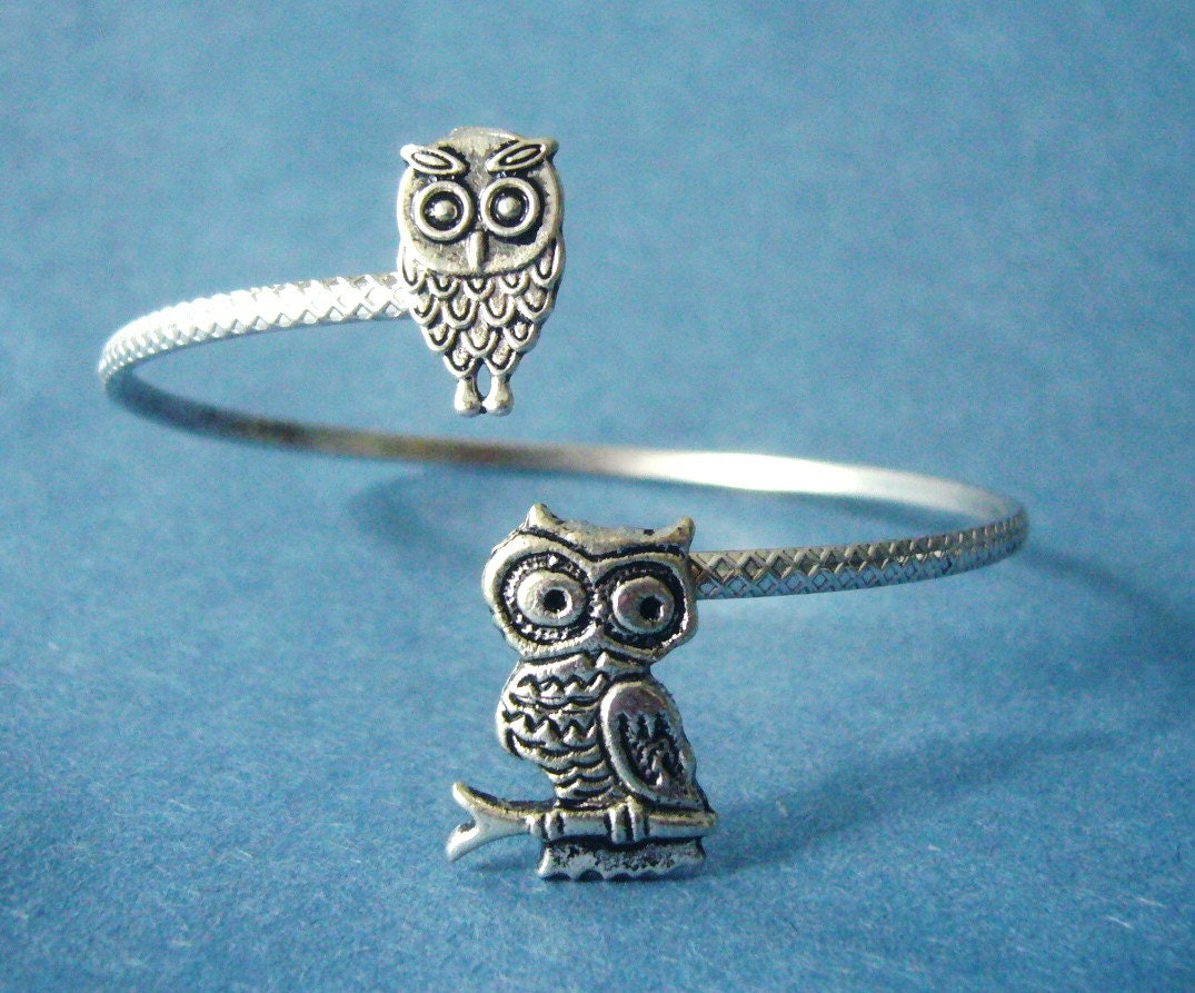 Silver owl cuff bracelet , wrap style, animal bracelet, charm bracelet, bangle