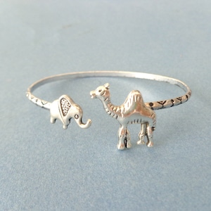 silver elephant and camel bracelet, animal bracelet, charm bracelet, bangle image 1