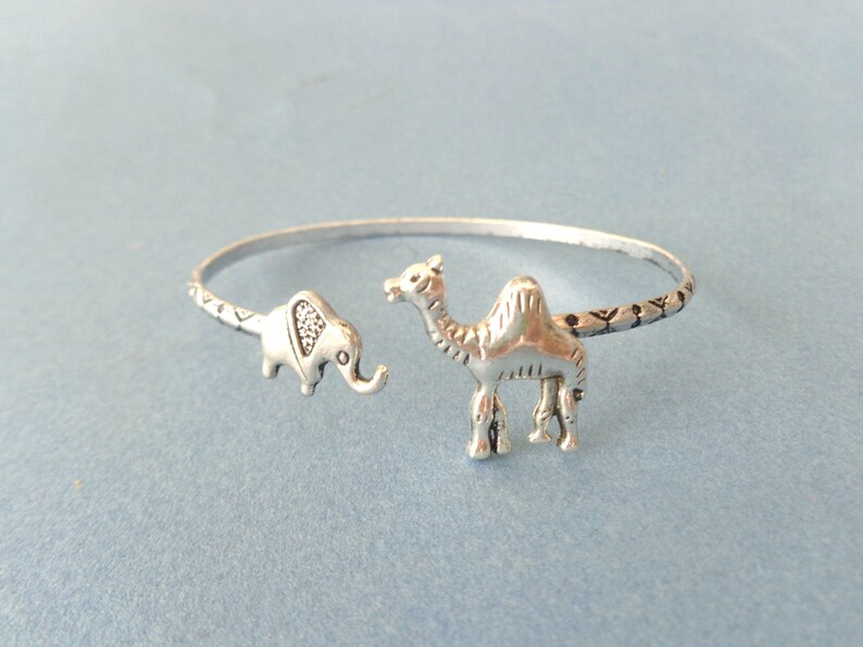 silver elephant and camel bracelet, animal bracelet, charm bracelet, bangle image 1