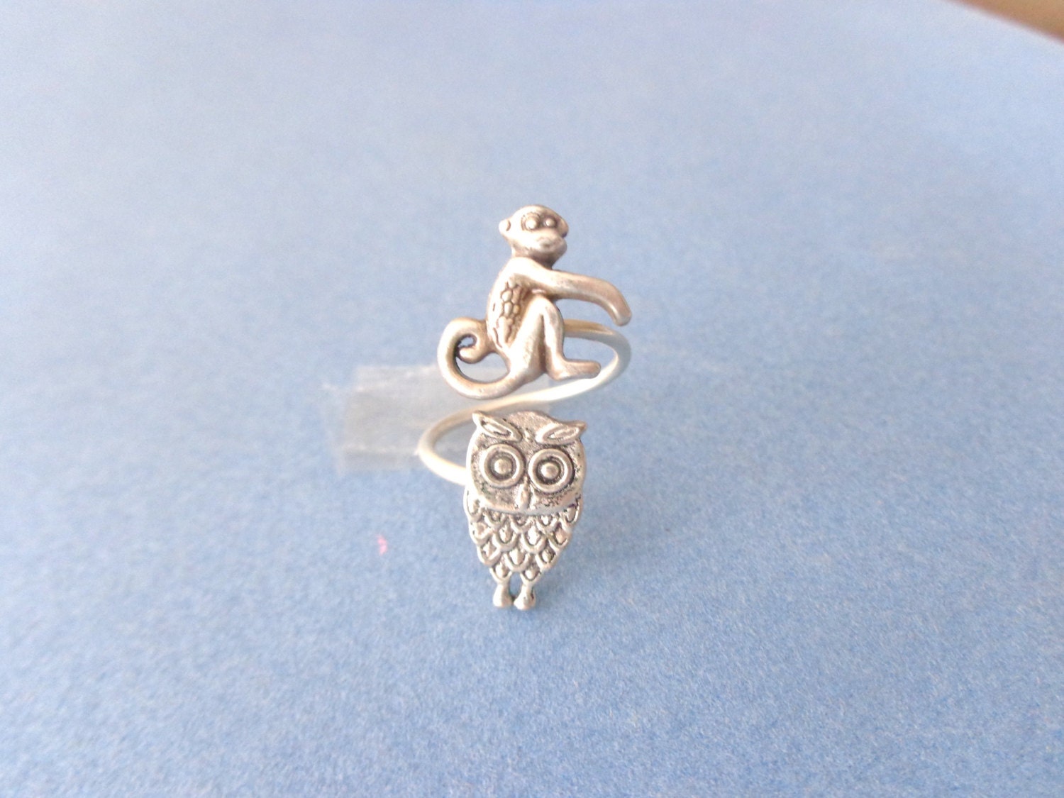 Monkey ring with an owl, adjustable ring, animal ring, silver ring, statement ring