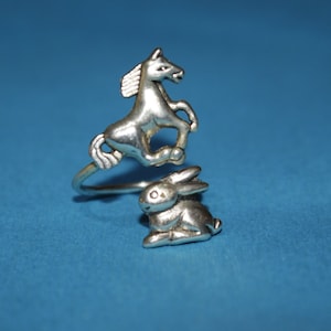 Bunny ring with a horse, adjustable ring, animal ring, silver ring, statement ring