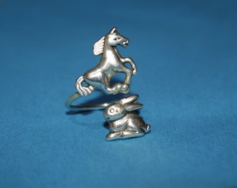 Anello coniglietto con cavallo, anello regolabile, anello animale, anello argento, anello dichiarazione