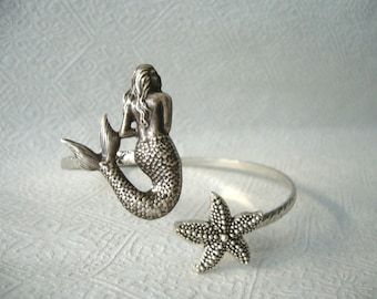 silver mermaid bracelet, animal bracelet, charm bracelet, bangle