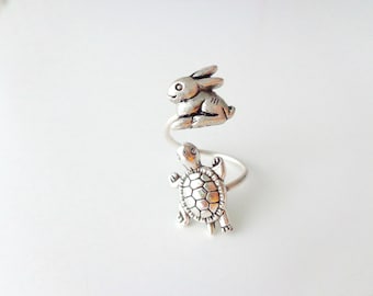 silver bunny turtle ring wrap style, adjustable ring, animal ring, silver ring, statement ring