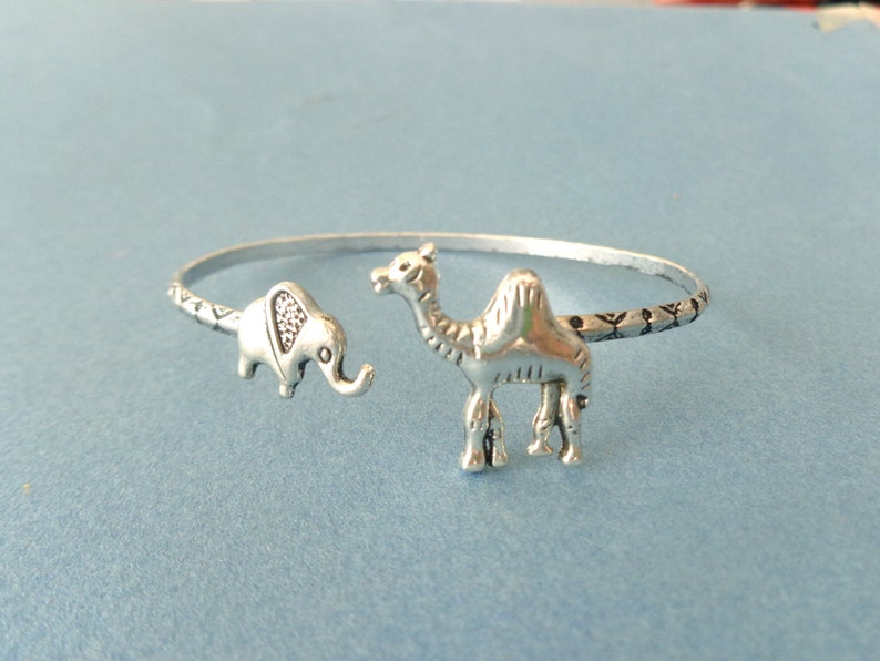 silver elephant and camel bracelet, animal bracelet, charm bracelet, bangle image 2