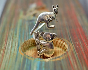 Koala ring with a kangaroo, adjustable ring, animal ring, silver ring, statement ring