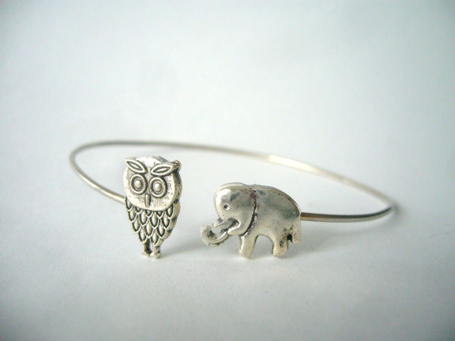 silver elephant and owl bracelet, animal bracelet, charm bracelet, bangle