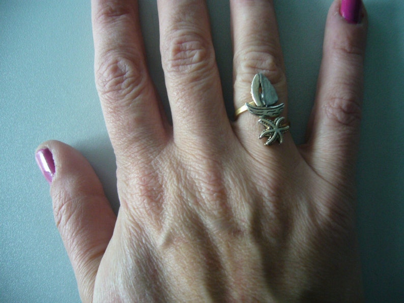 silver ship and shell wrap ring, adjustable ring, animal ring, silver ring, statement ring image 4