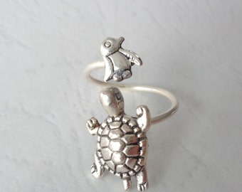 silver penguin turtle ring wrap style, adjustable ring, animal ring, silver ring, statement ring