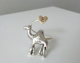 silver camel elephant ring wrap style, adjustable personalized heart, animal ring, silver ring, statement ring