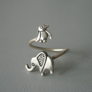 silver penguin elephant ring wrap style, adjustable ring, animal ring, silver ring, statement ring image 2