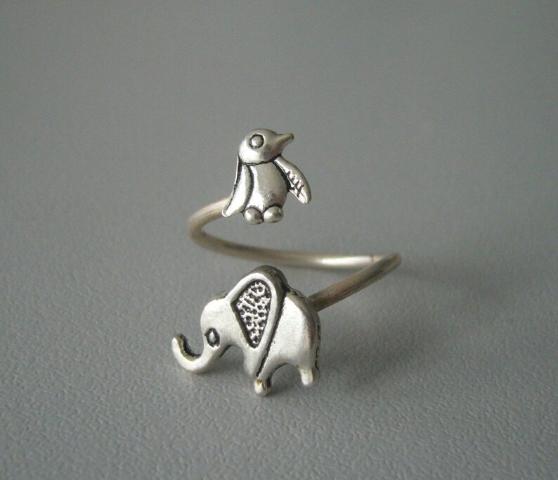 silver penguin elephant ring wrap style, adjustable ring, animal ring, silver ring, statement ring image 2