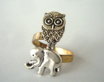 owl and elephant ring, adjustable ring, animal ring, silver ring, statement ring
