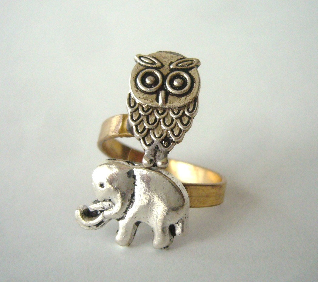owl and elephant ring, adjustable ring, animal ring, silver ring, statement ring