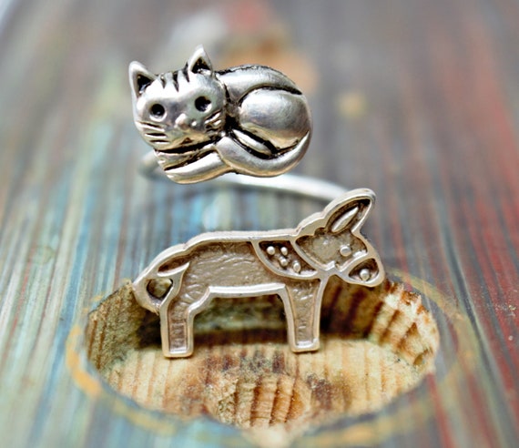 Silver Donkey Cat Ring Wrap Style, Adjustable Ring, Animal Ring