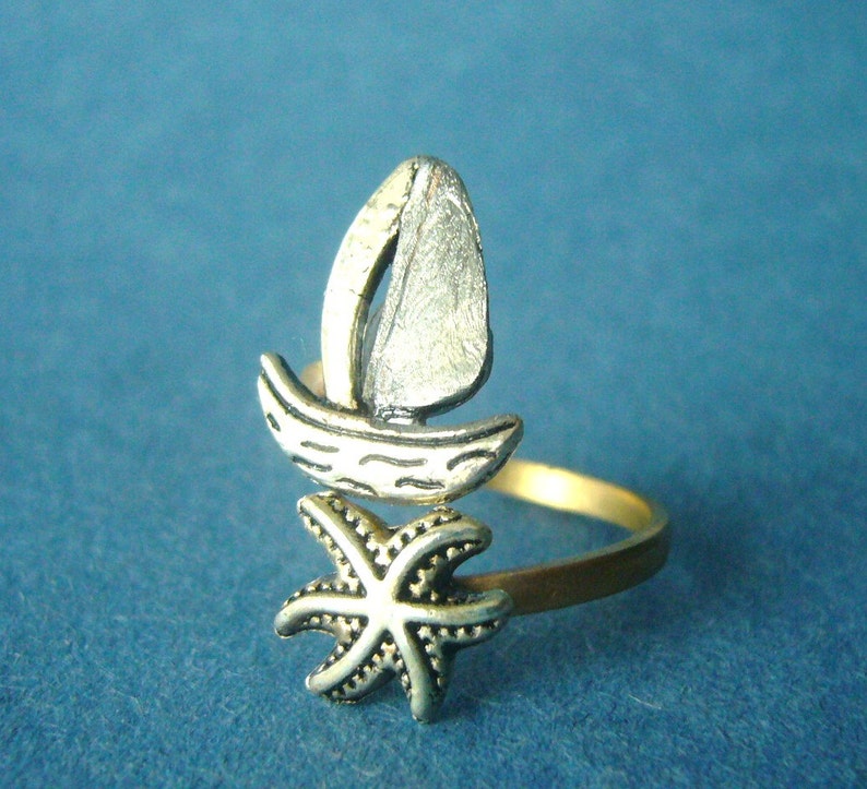 silver ship and shell wrap ring, adjustable ring, animal ring, silver ring, statement ring image 2