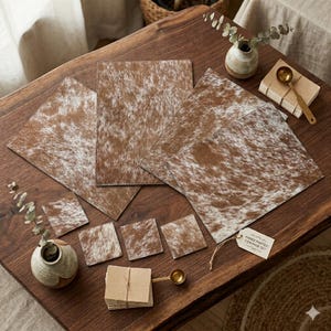 Puede incluir: Un juego artesanal de piel de vaca, que incluye manteles individuales y posavasos cuadrados, dispuestos sobre una mesa de madera oscura. Los manteles individuales y los posavasos tienen un patrón moteado marrón y blanco. Una pequeña etiqueta dice "Handcrafted Coaster Set".