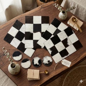 Puede incluir: Un juego artesanal de piel de vaca con posavasos cuadrados y redondos con un patrón de tablero de ajedrez en blanco y negro. El juego incluye cuatro manteles individuales cuadrados y cuatro posavasos redondos. La etiqueta dice "Handcrafted Cowhide Set".