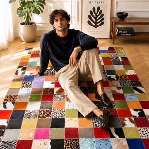Multicolor Handmade Cowhide Patchwork Rug 120x180 cm | 10x10 cm Squares Modern Living Room Area Rug, Luxury Geometric Decor