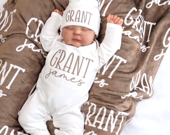 Custom Baby Blanket with Name, Personalized Newborn Outfit and Hat, Embroidered Baby Gift, Baby Shower Keepsake, Coming Home Set