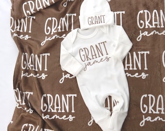 Custom Baby Blanket with Name, Personalized Newborn Outfit and Hat, Embroidered Baby Gift, Baby Shower Keepsake, Coming Home Set