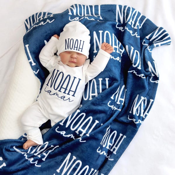 Personalized Newborn Outfit Blanket, Custom Baby Boy  Blanket with Name, Embroidered Baby Gift, Baby Shower Keepsake, Coming Home Set