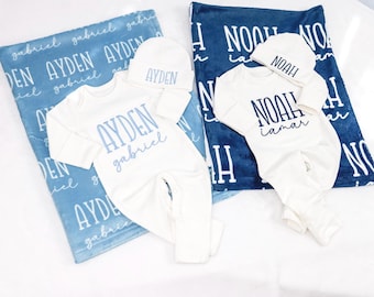 Custom Embroidered Newborn Baby Boy Coming Home Outfit and Blanket Set, Personalized Name Keepsake