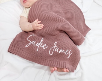 Custom baby blanket, soft cotton knit, embroidered name, cozy newborn gift, baby shower keepsake, personalized for your little one
