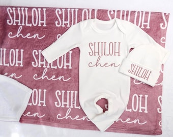 Personalized Newborn Outfit Blanket, Custom Baby Blanket with Name, Embroidered Baby Gift, Baby Shower Keepsake, Coming Home Set