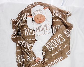 Newborn Outfit Blanket, Custom Baby Boy  Blanket with Name, Embroidered Baby Gift, Baby Shower Keepsake, Coming Home Set