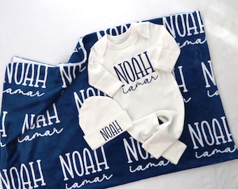 Personalized Newborn Outfit Blanket, Custom Baby Blanket with Name, Embroidered Baby Gift, Baby Shower Keepsake, Coming Home Set