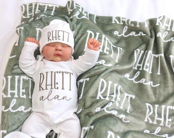 Custom Baby boy Swaddle with Name or Newborn Outfit Set, Personalized Baby Gift, Baby Shower Keepsake, Embroidered Coming Home Set