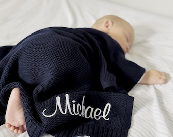 Baby name blanket, ultra-soft cotton knit, personalized with embroidery, a timeless keepsake gift for newborns and baby showers